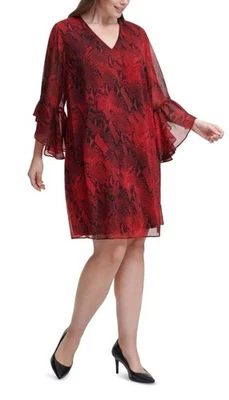 CALVIN KLEIN Red Snake Print Ruffle Bell Sleeve Chiffon Dress 14W NWT Cocktail - Image 1 of 4