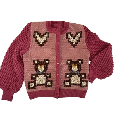 Handmade Quilted Pink Teddy Bear Heart Cottagecore Hippie Cardigan Medium - Image 1 of 4