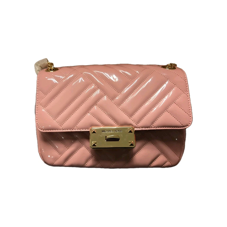 Michael Kors Peyton Shoulder Vegan Faux Patent Leather Bag Pink Carnation