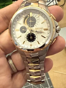 Seiko Coutura Watch Men 44mm White Dial Two Tone Perpetual Calendar Solar Runs - Picture 1 of 12