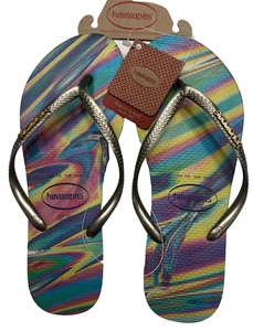Havaianas Damen 7/8 mehrfarbig mit goldenen Riemen Sandler Flip Flops. Neu mit Etikett 38 $ - Bild 1 von 8