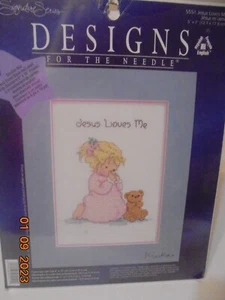 Counted Cross Stitch Kit Little Girl JESUS LOVES ME w/Mat-Fabric-Floss~SEALED - Picture 1 of 2