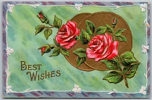 Vintage Grüße Beste Wünsche Rosen Gold vergoldet 1909 geprägte Postkarte - Bild 1 von 2