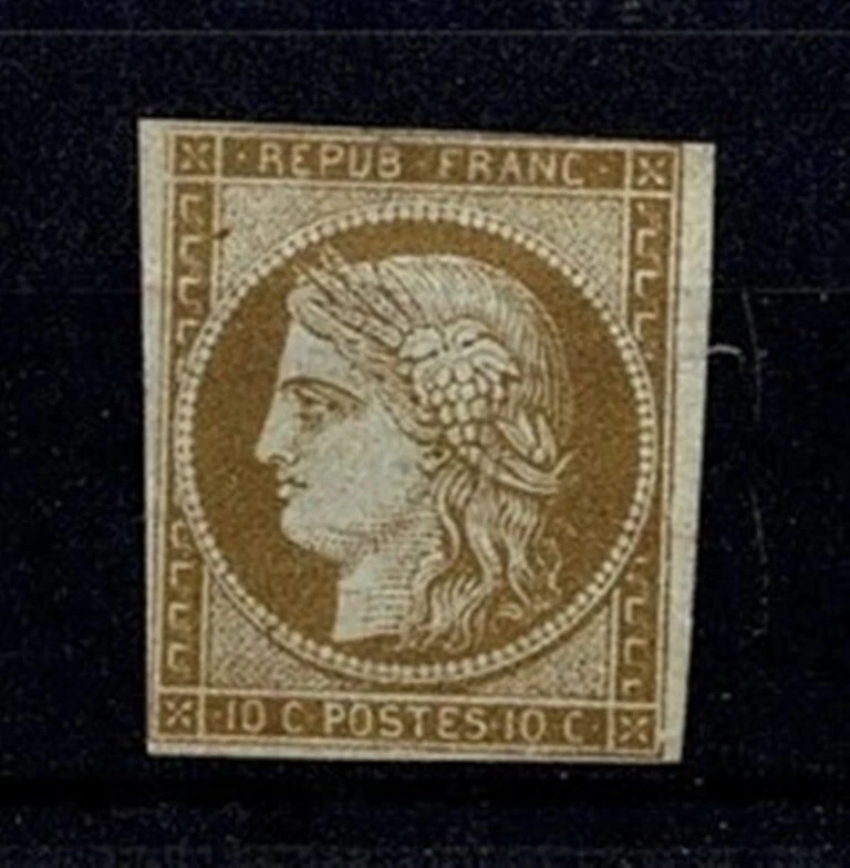 FRANCE YVERT SCOTT 1  " CERES 10c  YELLOW BISTRE 1850 " MH F-VF SIGNED X592 - Image 1 of 2