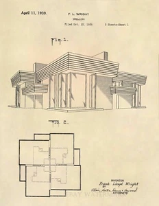 Frank Lloyd Wright House Architecture US Patent Art- Vintage Antique - 723 - Picture 1 of 3