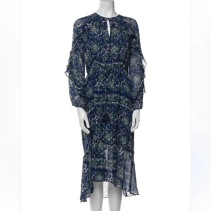 Figue Silk Maxi Dress Size XL Blue Paisley Floral Blue Purple Metallic Ruffles - Picture 1 of 9