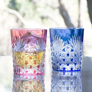 Edo Kiriko Kagami Crystal Rocks glass Pair of glasses gift, wood box, JAPAN - Picture 1 of 14