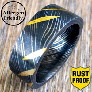 Anello Acciaio Damasco Personalizzato Fatto a Mano Ottone Lavoro Da Fidanzamento Uomo Fascia Matrimonio - Foto 1 di 8