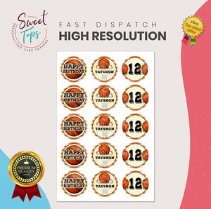 BASKETBALL 2" EDIBLE ROUND CUP CAKE TOPPERS DECORATION PERSONALISED - Picture 1 of 1