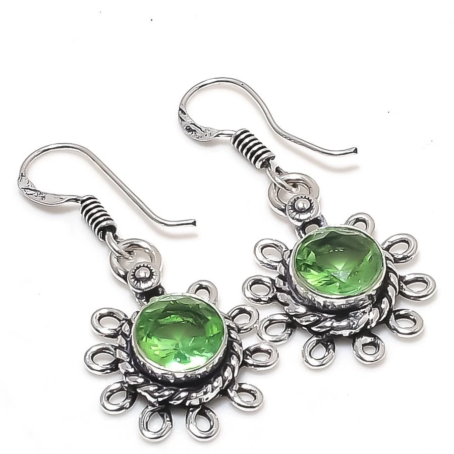 Green Tsavorite Gemstone Handmade 925 Sterling Silver Jewelry Earring Size 1.5" - Image 1 of 1