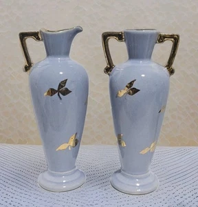 2 Miniature Le Pere Pottery Periwinkle Blue Vase With Gold Leaves Accents - Picture 1 of 9