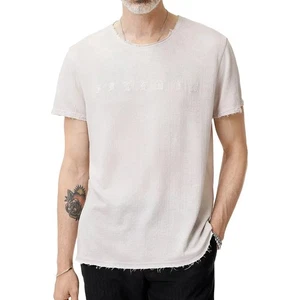John Varvatos Men's Freedom Embroidered SS Crew T-Shirt Frayed Raw Edges Salt - Picture 1 of 6
