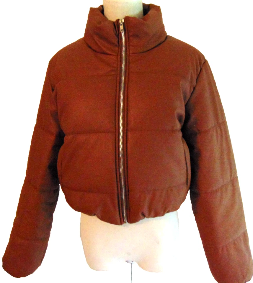 AMBIANCE WOMENS CROPPED FAUX LEATHER PUFFER JACKET BROWN COAT~M/L - Image 1 of 4