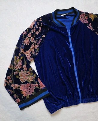 Chaqueta Bomber Umgee Azul Cobalto Terciopelo Oriental Floral Mangas Burnout Cremallera Completa L Foto 1 de 4
