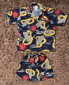 Taj / Honolulu Boys Blue Aloha Shirt & Shorts Set - Size 3 Surfboards & Flowers - Picture 1 of 15