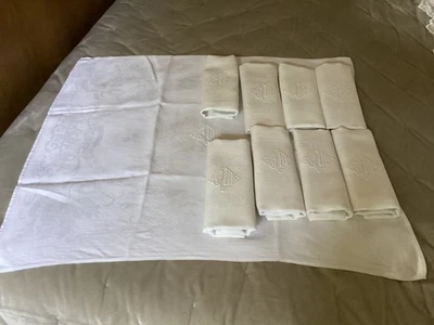 serviettes de table textiles ancien lin jacquaed blanc monogramme JM - Photo 1/4