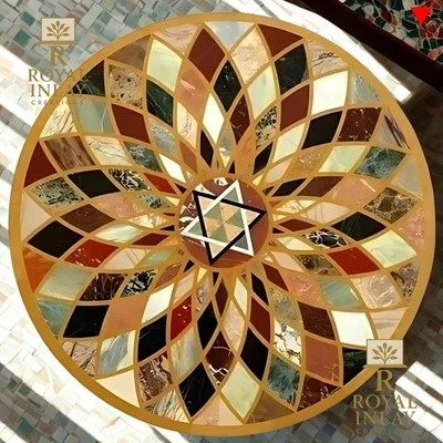 Mesa redonda de mármol de 30" con incrustación de piedras preciosas - Arte geométrico hecho a mano Foto 1 de 4