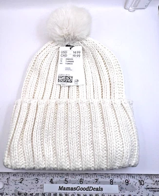 Gorro de inverno H&M malha macia pom pom creme quente robusto chapéu aconchegante dobrável - Imagem 1 de 4