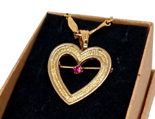 Vintage Monet HEART PENDANT/ Pin W/ Simulated Ruby on GOLD TONE NECKLACE 28"