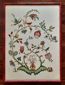 Vintage Framed Needlepoint Embroidery Whimsical Flower Vine & Birds 33 x 24 in - Picture 1 of 9