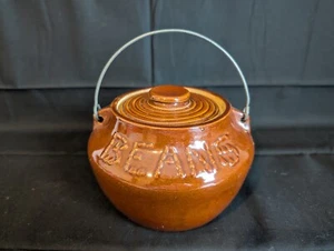 Vintage BEANS Pot Casserole w Lid & Wire Bale Stoneware Brown Glaze 4.5"t x 6"d - Picture 1 of 7
