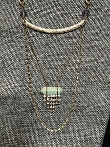 💠Halskette lang Lagenlook goldfarben simuliert bunter Türkis & Schimmer - Bild 1 von 6