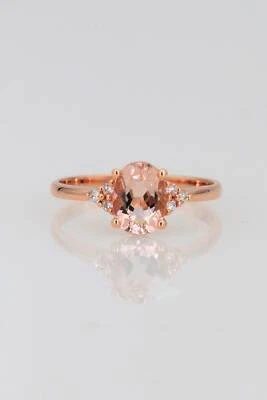 Anillo solitario de morganita y diamantes naturales de 0,85 quilates de oro rosa macizo de 14 k Foto 1 de 4