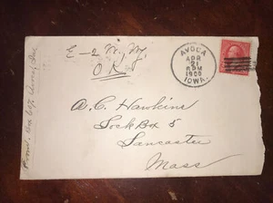1900 Avoca Iowa (Small Town) Pottawattamie County To Lancaster Mass. Cds 4-bar - Picture 1 of 2