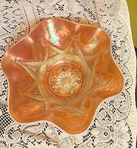 Antique Dugan Marigold Carnival Glass Bowl Peach Opalescent Ski Star 10.5” - Picture 1 of 5