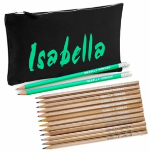 Personalised Black Canvas Pencil Case with 12 Colouring & 2 HB MintGreen Pencils - Picture 1 of 6