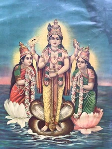 Antique  Oleograph Print Hindu God Art Kitsch India Calender Vishnu Germany - Picture 1 of 7