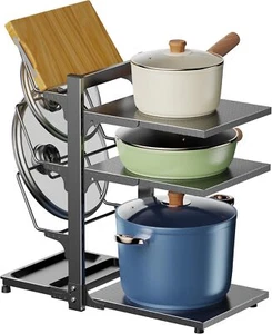3 Tiers Adjustable Pan Rack Organizer for Cabinet, Pots and Pans Organizer Under - Picture 1 of 8