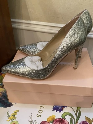 Zapatos de salón Bcbg plateados brillantes estrás correa tacones punta 9,5 Foto 1 de 4