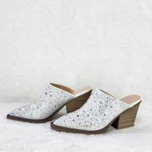 Vibes Western Vaquera Blanco Zapatos Sin Cordones Mules/Zuecos Estrás - Imagen 1 de 9