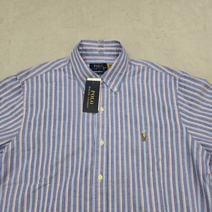 NWT Polo Ralph Lauren Button Down Shirt Mens Large Blue Striped Flesh Pony - Picture 1 of 17