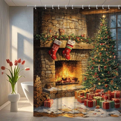 Cozy Fireplace and Tree Shower Curtain with Stockings and Gifts, Holiday Decor - Image 1 of 4