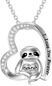 Faultier Herz Mama Kind Familie Halskette 925 Sterling Silber I love you Geschenke Damen - Bild 1 von 6