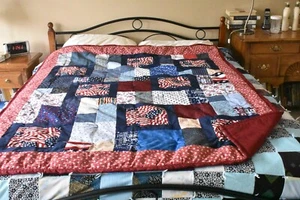 Red White & Blue on Burgundy Patriotic Perfect-10 Quilt, 55" x 68", Handmade,B02 - Picture 1 of 5