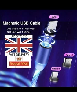 Magnetic 3 in 1 Fast Charging USB Cable Charger Lead Phone IOS USB-C Micro USB - Picture 1 of 8