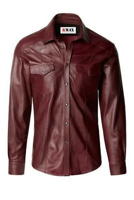Men's Red Wine Real Lamb Skin Soft & Lightweight Leather Biker Full Sleeve Shirt - Image 1 of 4