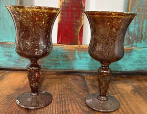 Neiman Marcus Moss Agate Marble Water Wine Goblet Art Glass Poland Set Of 2 - Picture 1 of 17