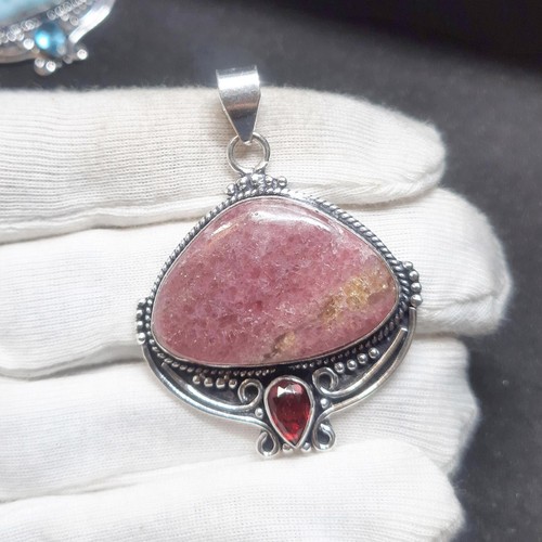 VETEMENTS Ciondolo Argento Sterling 925 Granato Rodonite Naturale Pietra Preziosa Granato 2 5"