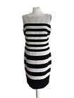 Jaeger Women&#39;s Black/White Bold Striped Sleeveless A-Line Midi Dress. Size UK 12