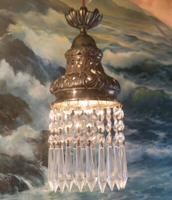 Vintage Swag ROCOCO silver plated lamp Chandelier crystal prisms Victorian Tole - Image 1 of 4
