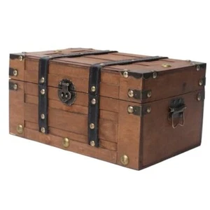 Vintage Wooden Treasure Chest - Decorative Storage Box with Hinged Lid,Brown - Picture 1 of 8