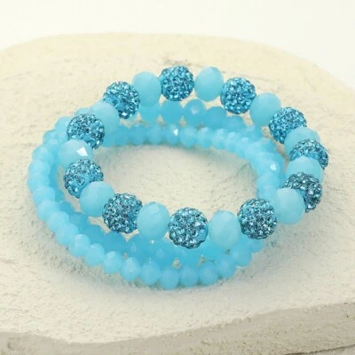Juego de 3 piezas pulseras Shamballa Ball multicapa elásticas con cuentas azules Foto 1 de 3