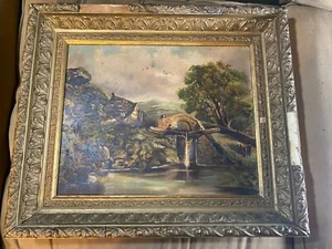Pintura al óleo sobre lienzo antigua ""Paisaje con escena de hogar y figuras"" - enmarcada - Imagen 1 de 12