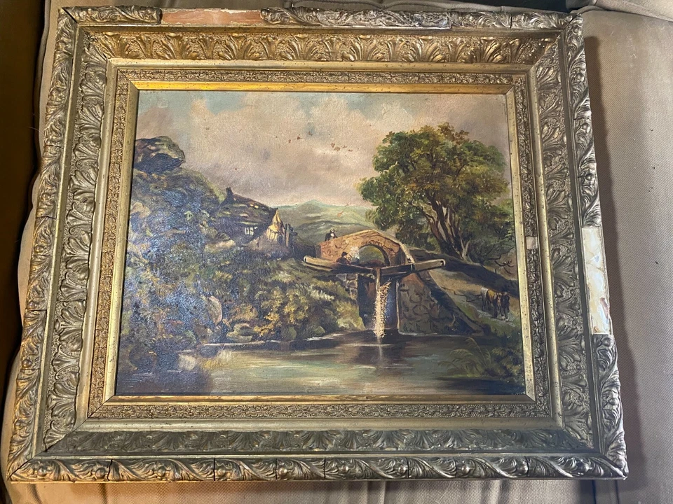 Antigua pintura al óleo sobre lienzo "Paisaje con escena de hogar y figuras" - Enmarcada Foto 1 de 4
