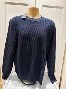 HUGO BOSS H-IMBERTO CREW NECK WAFFLE KNIT PULLOVER DK BLUE SZ MED BNWT RRP £169 - Picture 1 of 9