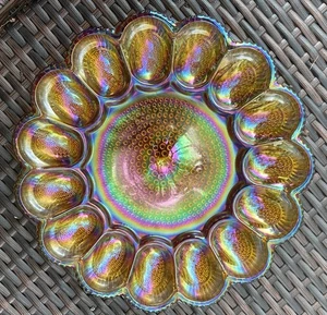 Vintage 11” Round Iridescent Amber Multicolored Carnival Glass Egg Platter Plate - Picture 1 of 4